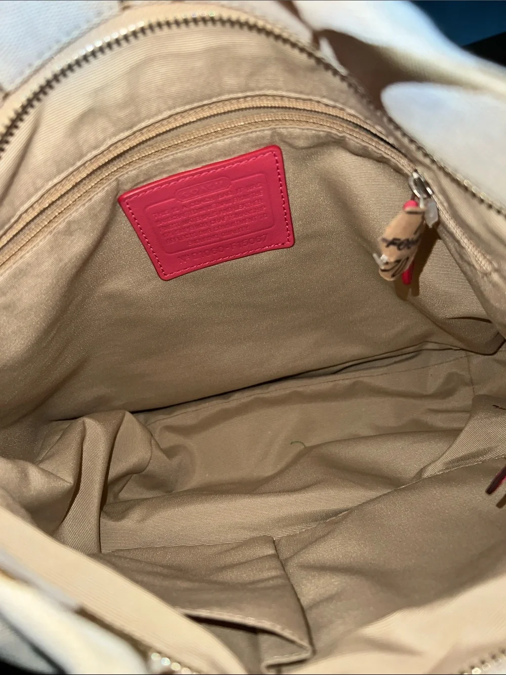 Coach Beige Signature Canvas Shoulder Bag with Pink Leather Strap